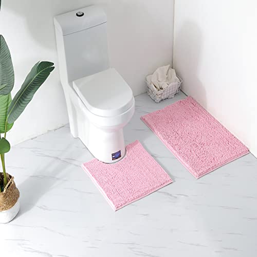 LanYunUmi Pink 2 Pieces Bathroom Rugs, Ultra Soft Non Slip Absorbent Chenille Toilet Bath Mat Set Rugs for Slip-Resistant Shag Extra and Rug Shower Room Machine-Washable (Pink, 20"x32"+20"x20"U) - color: Pink, size: 20"x32"+20"x20"