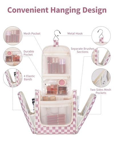 Narwey Hanging Toiletry Bag for Women Travel Makeup Bag Organizer Toiletries Bag for Cosmetics Essentials Accessories - color: ZA-Dusty Pink Checkerboard