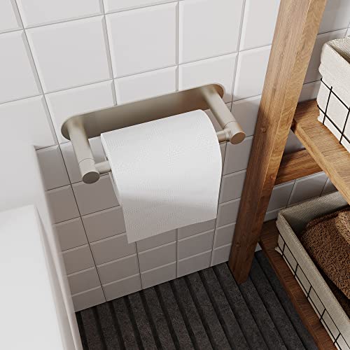Adhesive Toilet Paper Holder Brushed Nickel Bathroom Double Post Pivoting Toilet Tissue Holder Roll Holder Stick On No Drilling Stainless Steel and Zinc Alloy - color: Brushed Nickel