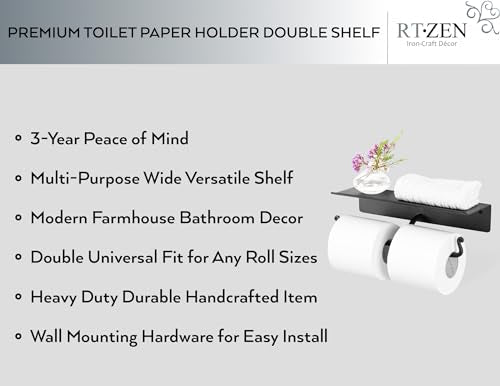 RTZEN Bathroom Toilet Paper Holder with Shelf - Handcrafted Rustic Wrought Iron Wall Decor Toilet Roll Holder - Black Matte Wall Mount Bar for Modern Farmhouse Bathroom Decor - style: Shelf High End