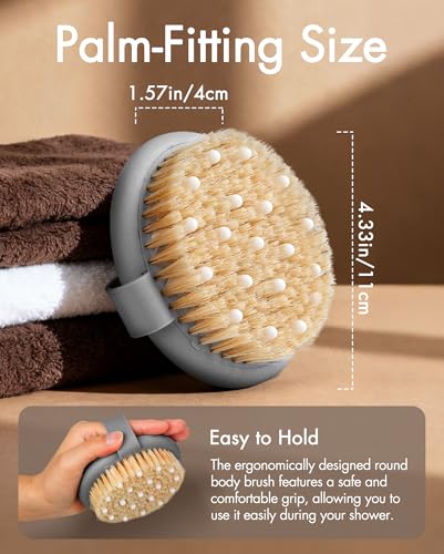 Dry Brushing Body Brush for Massage - Natural Boar Bristle Exfoliating Brush with Massage Nodes for Lymphatic Drainage, Cellulite, Blood Circulation Improving Skin Health for Women Men Elderly(Grey) - size: Round 4.3 in-Grey