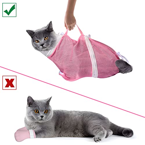 JULMELON 10PCS Cat Bathing Bag Adjustable Shower Washing Net Grooming Set | Polyester Mesh, Kitten Adult Pet Grooming, Shower Bathing Nail Trimming Examination, Brush Clipper File Comb Tick Tool Caps - color: Pink+Grey