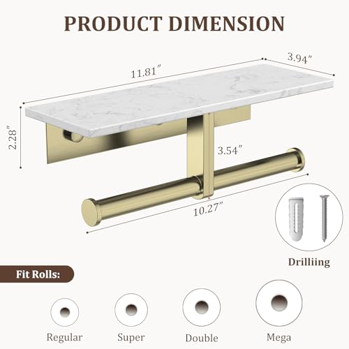 BWE Double Toilet Paper Holder with Shelf, Wall Mounted Tissue Roll Holder for Bathroom, Commercial Toilet Paper Dispenser, Marble Toilet Paper Storage Holder with Phone Shelf (Brushed Gold) - color: Double Brushed Gold