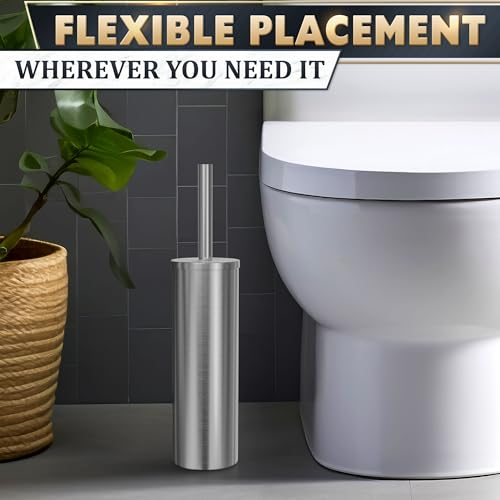 Stainless Steel Toilet Brush and Holder Set, Splash Guard (Silver) | Toilet Bowl Brush and Holder, Removable Inner Bowl, Dense Bristles, Long Handle, Scratch Resistant, for Modern Bathrooms - color: Silver
