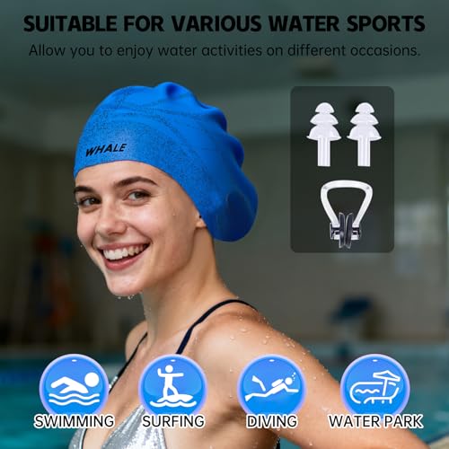 WHALE Extra Large Swim Cap Designed for Men and Women with Thick, Long Hair, Hair Extensions Or Afro-Textured Hair Long-Hair Swim Cap Highly Waterproof to Keep Hair Dry - color: Muted blue
