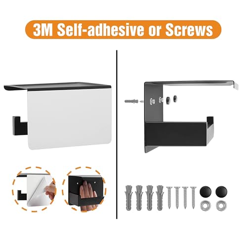HITSLAM Matte Black Toilet Paper Holder with Shelf & 4 Towl Sticky Hooks, Self-Adhesive or Screw Mount Toilet Paper Roll Tissue Holder, SUS 304 Stainless Steel, Rustproof for RV& Bathroom Home - color: Black + 4 Hooks, size: Medium