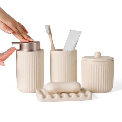 BosilunLife Bathroom Accessories Set - Ceramic Bathroom Set Bathroom Decor Sets Bathroom Counter Lotion Soap Dispenser and Toothbrush Holder Set, Soap Dish, Apothecary Jar (Striped Apricot) - color: Apricot-liquid