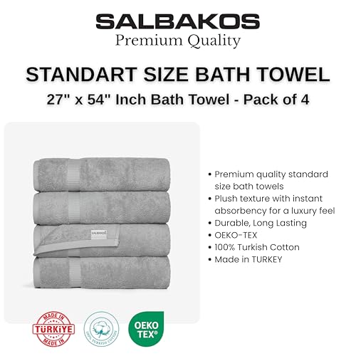 SALBAKOS 100% Turkish Cotton Bath Towel Set of 4, 27x54 inch | Premium Quality | Hotel & Spa Collection | Soft, Super Absorbent, Long Lasting Bath Towels | Made in Turkey (Silver, 4 Bath Towels) - color: Silver, size: 4 Bath Towels
