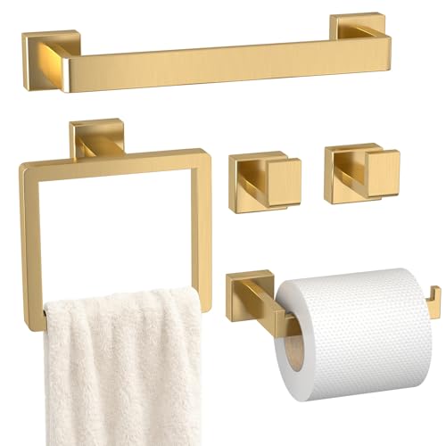 Bathroom Accessory Towel Bar Set: 5 Pieces Gold Bathroom Hardware Square SUS304 Stainless Steel - Wall Mounted Towel Rack&Toilet Paper Holder&Towel Ring and Towel Hook - color: Gold, size: 16inch 5 Pieces