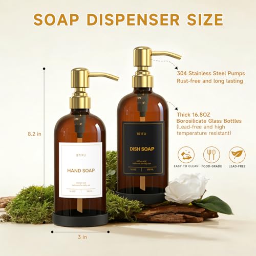 Kitchen Soap Dispenser Set – 16.8oz/500ml Glass Hand and Dish Soap Dispenser with Stainless Steel Pumps & Non-Slip Silicone Base, Luxury Countertop Decor for Home, Airbnb, Office (Amber & Gold) - color: Amber & Gold