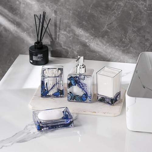 Blue Clear Bathroom Accessories Set,4PCS Flower Acrylic Bathroom Accessory Sets Complete, Lotion Soap Dispenser, Tumbler, Qtip Holder, Soap Dish, Modern Bathroom Décor Set, Gift for Home - color: Blue-4pcs