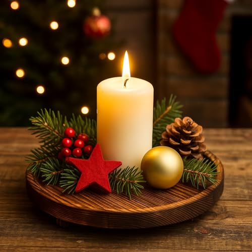 12 inch Large Round Decorative Tray Wood Bathroom Counter Organizer Farmhouse Kitchen Decor Wooden Riser for Perfume Soap Dish Wood Decorative Candle Holders for Home Decor Brown Table Centerpieces - color: Dark Brown, size: 12"