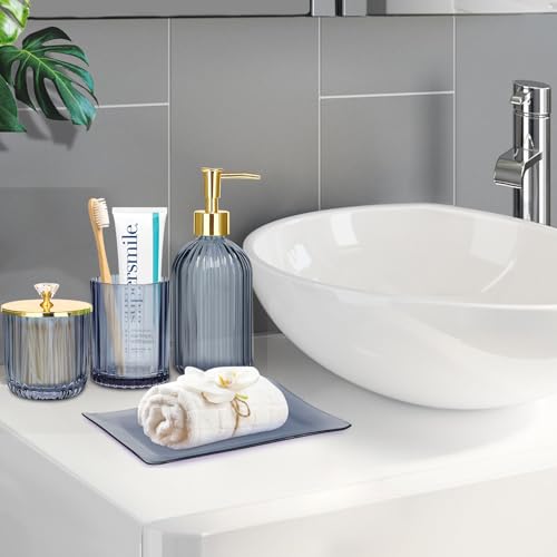 Haturi Bathroom Accessories Set, 4 Pcs Blue Glass Bathroom Accessories Sets Complete w/Lotion Soap Dispenser, Toothbrush Holder, Apothecary Jar, Vanity Tray, Bathroom Decor, Gift for Home Apartment - style: Blue