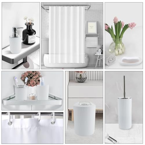 White Bathroom Accessories Set, 10Pcs Bathroom Accessory Sets Complete with Trash Can, Shower Curtain, Vanity Tray, Soap Dispenser, Soap Dish, Toothbrush Holder&Cup, Toilet Brush&Holder, Qtip Holder - color: White