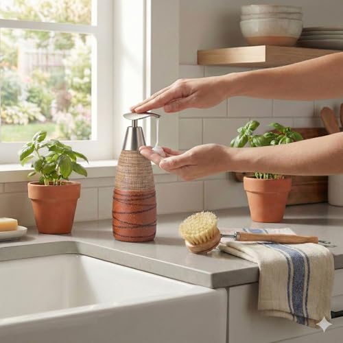 BOPPIE Ribbed Glass/Ceramic Soap Dispenser, Modern Countertop Hand & Dish Soap Dispenser for Bathroom/Kitchen, Refillable Liquid Soap Bottle with Rust Proof Pump (Ceramic Style G) - color: Ceramic Style G