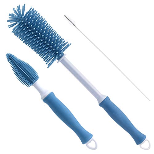 Silicone Cleaning Brush, 12" Long Handle Water Bottle Cleaner | Soft Silicone Bristles | For Water Bottles, Baby Bottles, Sports Bottles, Vases and Glassware - color: Blue