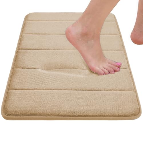 RUN HELIX Memory Foam Bath Mat Set 3 Piece, Soft and Comfortable, Super Water Absorption, Non-Slip, Thick, Machine Wash, Easier to Dry for Bathroom Floor Rug, Beige Toilet Rug Bathroom Set - color: Stripe-beige