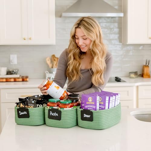 NaturalCozy 11.8"x8"x4.5” Rectangle Storage Baskets for Shelves 3 Pack | Cotton Rope Woven Small Baskets for Organizing | Small Storage Bins for Nursery, Bathroom, Closet, Shelf, Decorative, Gift - color: Green, size: 11.8" x 8" x 4.5"