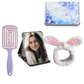 Three-Piece Set: Hair Comb, Mirror, and Face Washing Headband - Ideal forGirls, and Female Students - Includes Detangler Brush and Hair Brushes Desktop Adjustable Folding Mirror (blue)