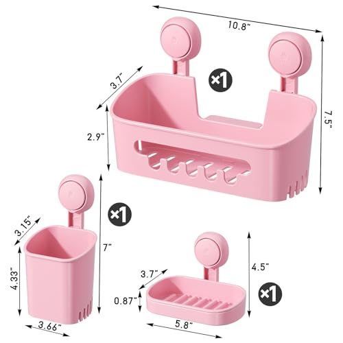 LEVERLOC Shower Caddy Suction Cup Set Shower Organizer & Soap Holder & Toothbrush Holder, Bathroom Shelf Basket NO-Drilling, Removable Suction Storage Waterproof Bathroom Caddy, Pink - color: 3 X Pink