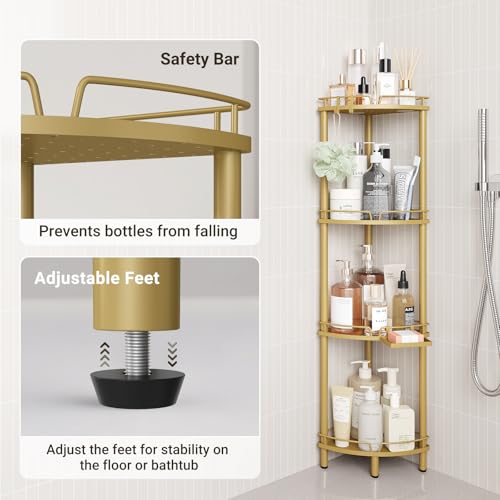 ELYKEN Corner Shower Caddy Standing, 4 Tier Rustproof Metal Shower Organizer with Soap Holder, Floor Shower Corner Shelf Rack Storage Stands with Adjustable Feet & 2 Hooks for Bathroom, Gold - color: Gold, size: 4 Tier