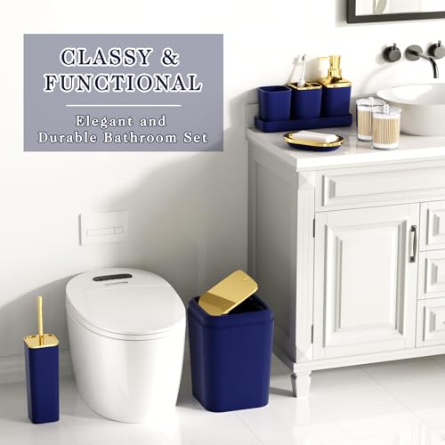 XLHOMO Bathroom Accessories Set - 25PC Bathroom Set with Shower Curtain and Rugs, Blue Bathroom Set, Bathroom Accessory Set with Press-on Lid Trash Can, Soap Dispenser and Qtip Holders - color: Blue & Gold, size: Plaid Complete Set + Bath Rugs