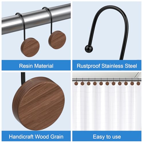 Shower Curtain Hooks, Decorative Shower Curtain Rings for Shower Curtain, Imitation Wood Grain Resin Shower Curtain Hangers, 12PCS Waterptoof Shower Hooks for Bathroom, Bedroom, Plant Hanger (Black) - color: Black