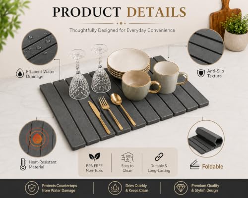 Stone Dish Drying Mat for Kitchen with Sink Splash Guard Counter, Foldable Quick Dry Dish Drying Mats, Absorbent Diatomaceous Earth Stone Drying Mats for Plate Rack Bottles Cups (Gray, 18"L×12"W)
