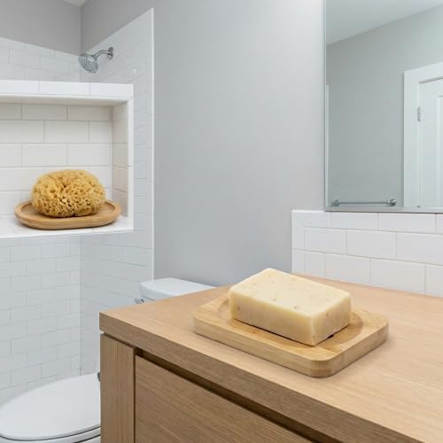 2Pcs Bamboo Soap Dish Wooden Tray Holder for Shower Steamer Bar Soap Dishes Natural Wood Bathroom Kitchen Shampoo Soap Holder 2 Size
