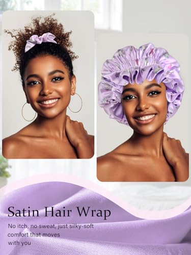 Floral Satin Bonnet with Scrunchie Set,Double Layer Ruffle Reusable Sleeping Shower Cap for Curly Hair Blue-cherry - color: Blue-cherry