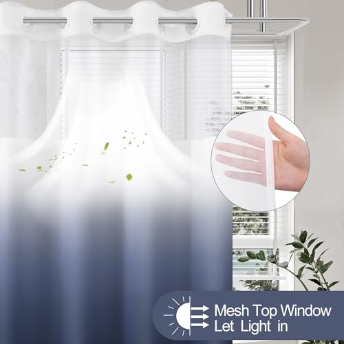 No Hook Shower Curtain with Snap in Liner, Ombre Navy Blue Shower Curtains and Liner Set, Hotel Fabric Bath Curtain for Bathroom, Mesh Top Window Waterproof Washable, 71" x 74" - color: Ombre Blue, size: 71"W x 74"L (Pack of 1)