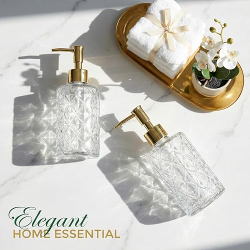 BOPPIE Ribbed Glass Soap Dispenser, Modern Countertop Hand & Dish Soap Dispenser for Bathroom/Kitchen, Refillable Liquid Soap Bottle with Rust Proof Pump Set of 2 (Clear Glass) - color: Clear Glass