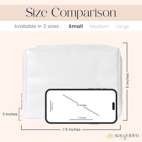 Stay Golden Insulated Makeup Bag – Heat-Resistant, Waterproof Cosmetic & Toiletry Pouch for Women | White with Silver Zipper Vegan Leather Day Pouch, Small (7.5 x 5 x 3 in) - color: White with Silver Zipper, size: Small