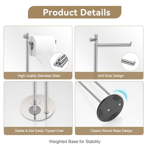BGL Toilet Paper Holder Stand, SUS304 Stainless Steel Brushed Nickel, Weighted Base, Holds 5 Jumbo Rolls, Space-Saving Modern Bathroom Storage with Built-in Hook - color: Stainless Steel