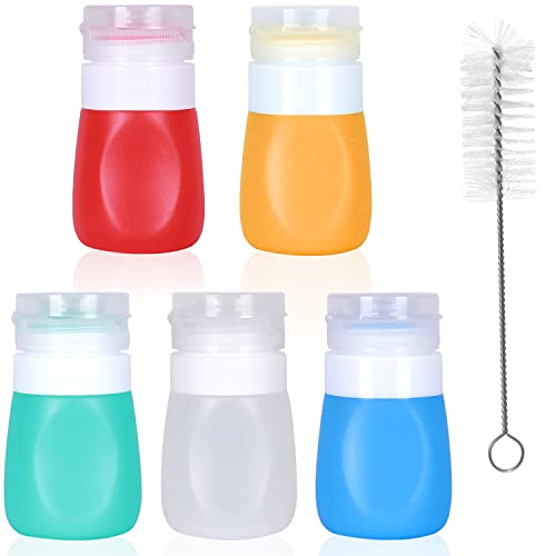 PuGez Salad Dressing Container to Go, Mini Food Condiment Portable Storage Squeeze Bottles for Ketchup/Sauces, Leak Proof, Leak-Resistant, 5 Pack with Cleaning Brush (1.3oz, 37ML)
