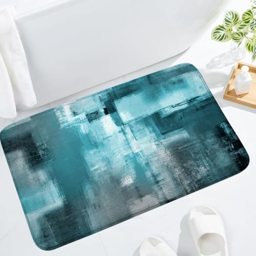 Teal Blue Abstract Bath Rug, Modern Grey Art Painting Bath Mat Sets for Bathroom, Soft Non Slip Floor Rugs 17X29 Inch - color: Teal