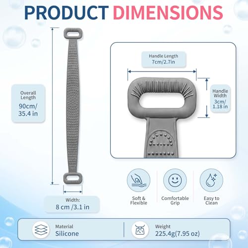 Manmihealth Silicone Back Scrubber for Shower, 36'' Extendable Back Washer with Long Strap Handle, Dual-Sided Silicone Body Brush for Men and Women (Gray) - color: Gray