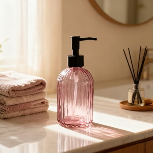 Black Pump Glass Soap Dispenser, 13.5oz Stripe Countertop Refillable Liquid Bottle Hand Dish Lotion Dispenser with Plastic Pump, for Kitchen, Bathroom Countertop - color: Rose Red