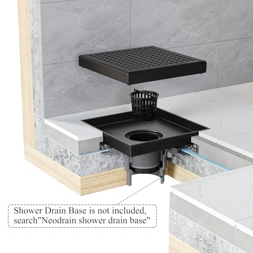 Neodrain Matte Balck Square Shower Drain with Removable Quadrato Pattern Grate, 304 Stainless Steel Square Drain, CUPC Certified, with Hair Strainer and Lifting Hook (Matte Black, 6 in) - color: Matte Black, size: 6 IN