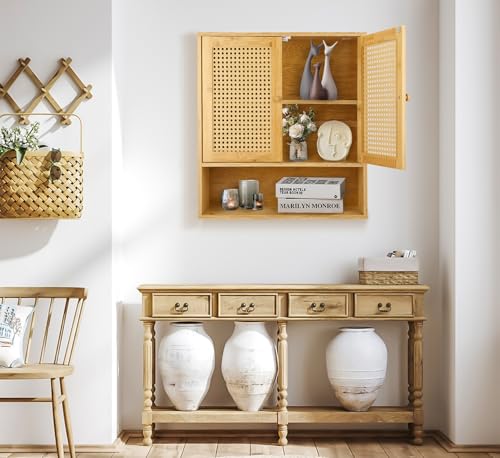 Bamboo Cabinet Wall Mount, Rattan Medicine Cabinet with Shelves and Doors, Wall Cabinet Above Toilet, Storage Organizer for Laundry Room, Kitchen, Living Room - color: Rattan