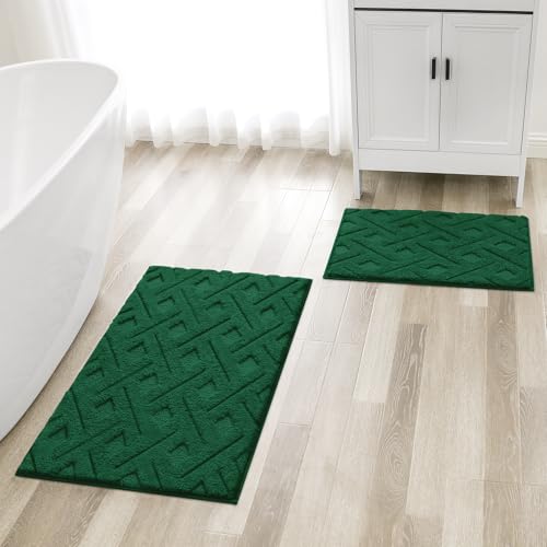 HOMEIDEAS Dark Green Bathroom Rug Set 2 Piece, Soft Microfiber Tufted Bath Mats, Super Absorbent Non Slip, Machine Washable Bathroom Rugs for Tub, Shower and Floor, 20" x 32" Plus 16" x 24" - color: Dark Green