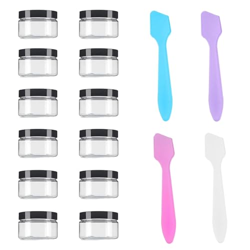 12 Pcs 15ml/0.5oz Small Travel Containers, 4 Pcs Makeup Spatula, Clear Plastic Cosmetic Jar Refillable Roun for Lotion Cream Products Sample Bottles, Plastic with Screw on Lid Container (Black) - color: black