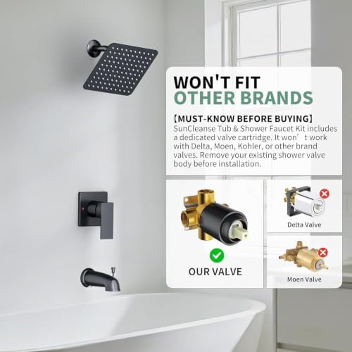 SunCleanse Tub Shower Faucet Set with Pressure Balance Valve, 8-Inch Rain Shower Head and Tub Spout, Single-Handle Shower Trim Kit, Shower Head and Handle Set for Bathroom, Matte Black - color: Matte Black
