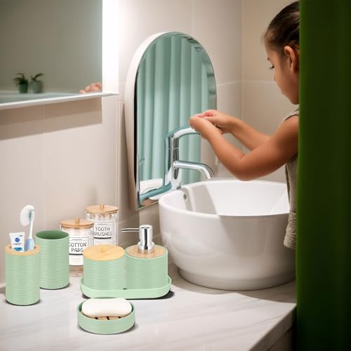 IMAVO Bathroom Accessory Set-11Pcs Green Bathroom Accessories Set with Trash Can,Soap Dispenser,Soap Dish,Toothbrush Holder,Toothbrush Cup,Toilet Brush Holder,Qtip Holder Dispenser with Labels - color: Green, size: 11 PCS Bathroom Set
