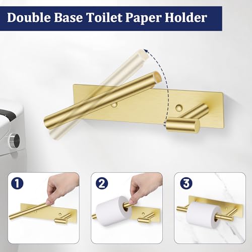 Brushed Gold Toilet Paper Holder, Adhesive or Screw Toilet Roll Holder Wall Mount, SUS304 Stainless Steel Double Post Pivoting Toilet Roll Holder for Bathroom, Kitchen, Washroom - color: Brushed Gold