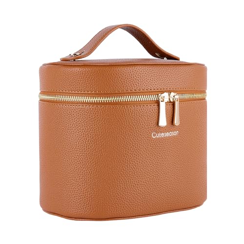 Large Makeup Bag Organizer, PU Leather Makeup Case with Removable Dividers, Waterproof Travel Cosmetic Bag (Light Brown) - color: Light Brown