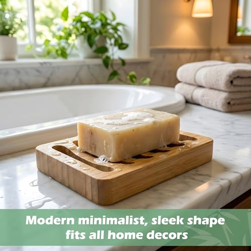 4 Pack Bamboo Soap Dish, Bar Soap Holder Self Draining Soap Dish Natural Bamboo Soap Holder Waterproof Anti-Slip Wooden Soap Dishes for Bar Soap Saver Tray for Shower Bathroom Kitchen Sink Bathtub