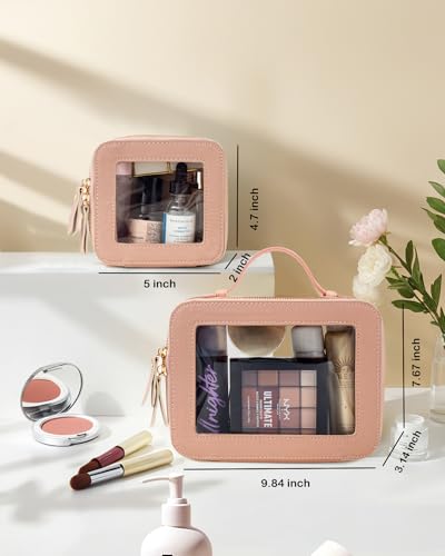 Travel Clear Makeup Bag Set, TSA Approved Cosmetic Bag Case with Zipper Portable Makeup Pouch Toiletry Bag Traveling Cosmetic Organizer Storage Bag Car Organizer Car Essentials - color: Mini + XL Luxe Dark Pink