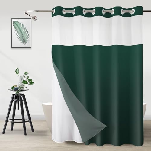 Extra Long No Hook Shower Curtain with Snap in Liner, Ombre Dark Green Shower Curtains and Liner Set, Hotel Fabric Bath Curtain for Bathroom, Mesh Top Window Waterproof Washable, 71" x 84" - color: Ombre Dark Green, size: 71"W x 84"L (Pack of 1)