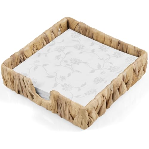 Napkin Holder for Table, Woven Water Hyacinth Napkin Holders For Paper Napkins, Wicker Napkin Holders for Kitchen Dinner Table Boho Decor and Accessories, Square Napkin Basket and Serving Tray - color: Brown, size: 7.2"L x 7.2"W x 2.2"H